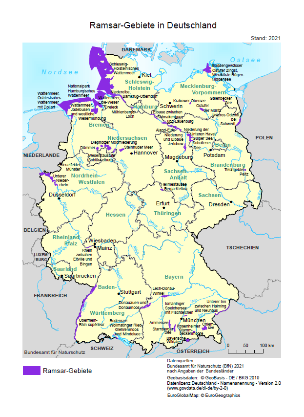Feuchtgebiete internationaler Bedeutung in Deutschland (Ramsar-Gebiete). Stand der Fachdaten: 2021, © Bundesamt für Naturschutz