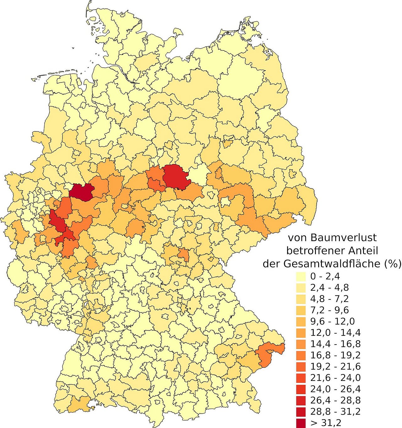 Baumverluste in Deutschland, 2022. Quelle/Grafik: Deutsches Zentrum für Luft- und Raumfahrt e. V. (DLR)