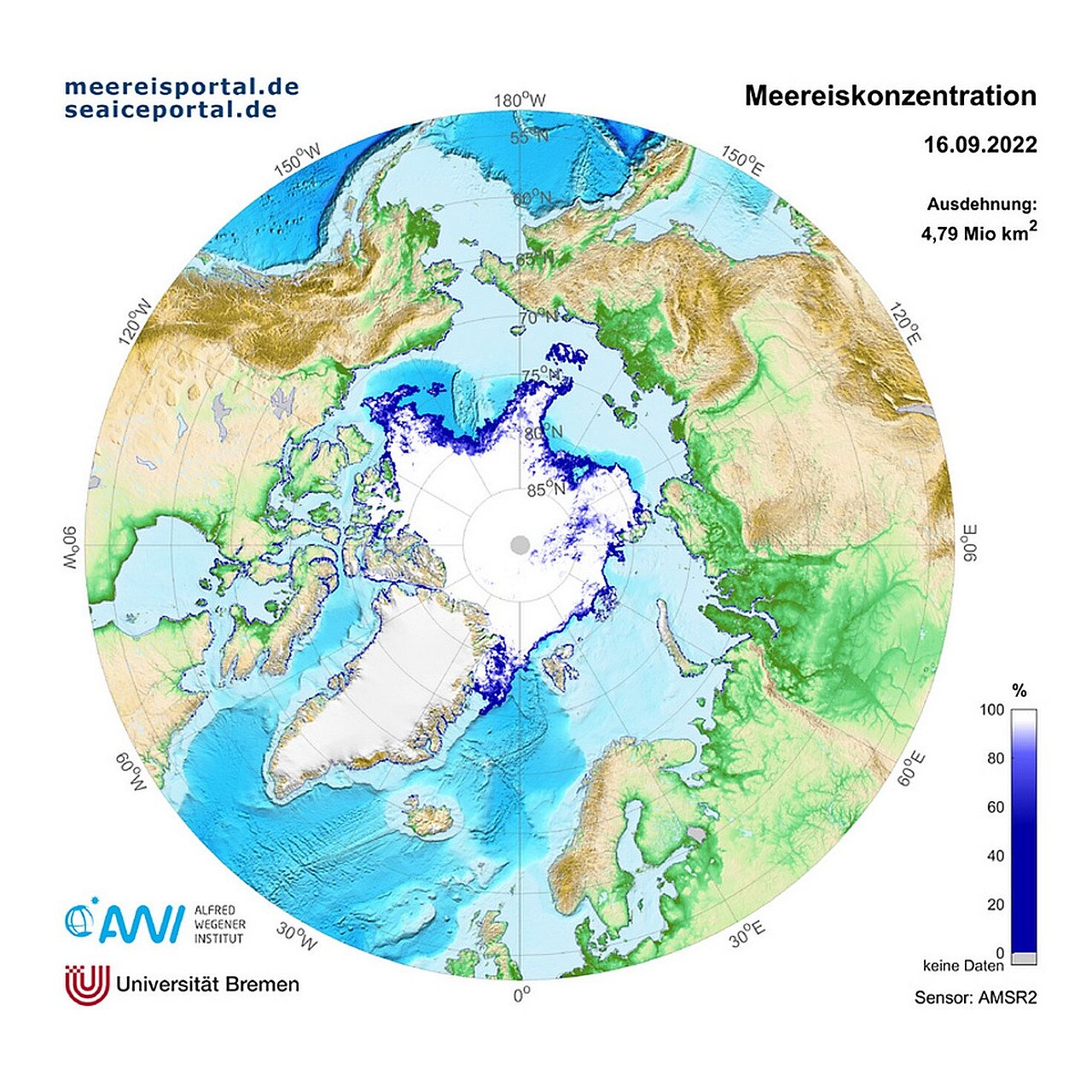 Meereis-Ausdehnung am 16.09.2022 in der Arktis. Bildrechte: Alfred-Wegener-Institut